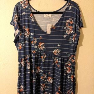 NWT Women's Maurices Size XL Blue Striped Short sleeve dress w/ floral pattern
